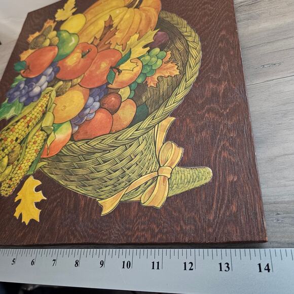 Vintage Cornucopia Wood Panel Picture 16" Thanksgiving Flowers Cottage 80s Fall - Picture 9 of 10
